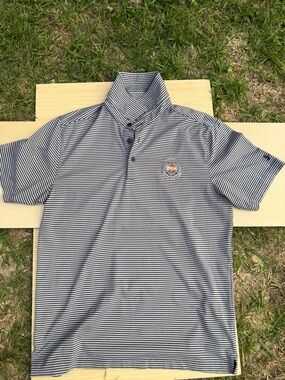 Under Armour Navy and White Striped Polo with Embroidered Crest